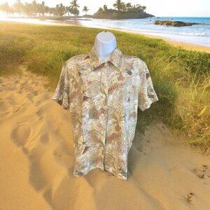 Vintage  Shenanigans Womens Hawaiian Shirt Large Beige Button-Up Floral Beach